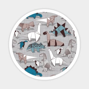 Origami dino friends // pattern // grey linen texture background blue white and beige dinosaurs Magnet